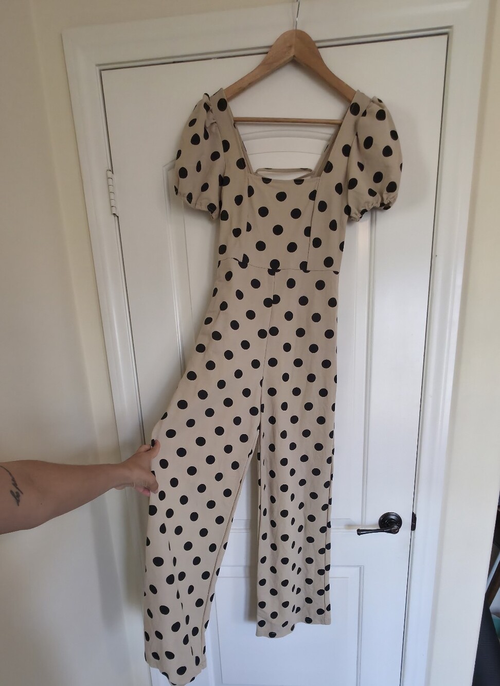 MANGO Beige Polka Dot Jumpsuit Wide Leg Puff Sleeve Old Money Resortwear Summer - Picture 2 of 8